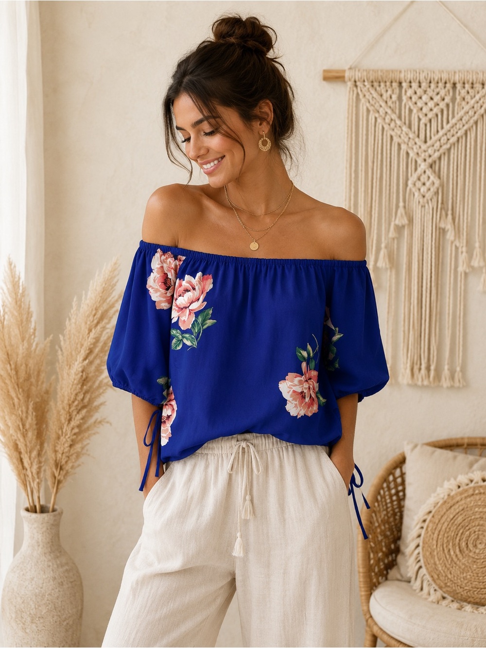 Anthropologie Olive Tree Boho Chic Off-Shoulder Floral Blouse in Royal Blue